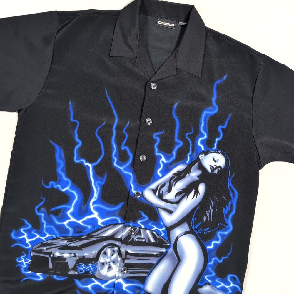 Vintage ODO Mens Top Car Bikini Girl Club Lounge Button Down Short Sleeve Sz XL